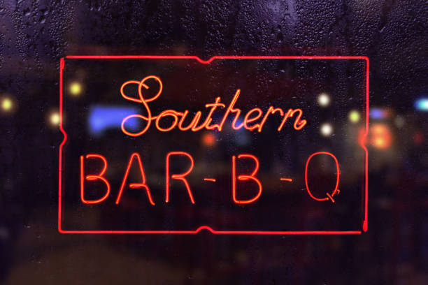 istock Southern Barbecue Sign in Wet Rainy Window 1404632053