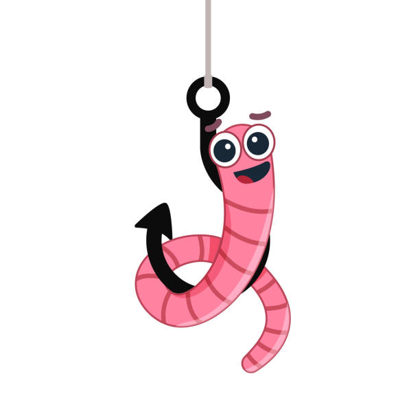 ilustrações de stock, clip art, desenhos animados e ícones de cartoon worm on a hook. emotion. isolated on a white - worm cartoon fishing bait fishing hook