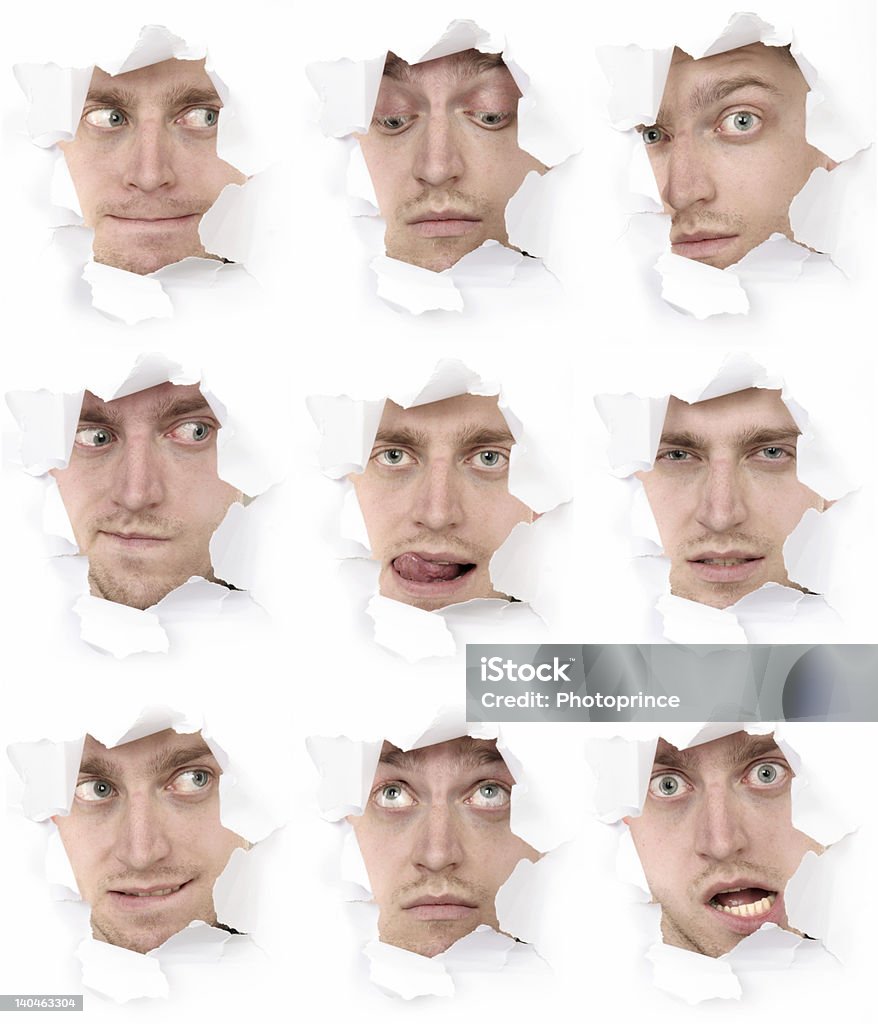 Expressivo emocional de faces do pessoa em um buraco de papel - Foto de stock de Adolescente royalty-free