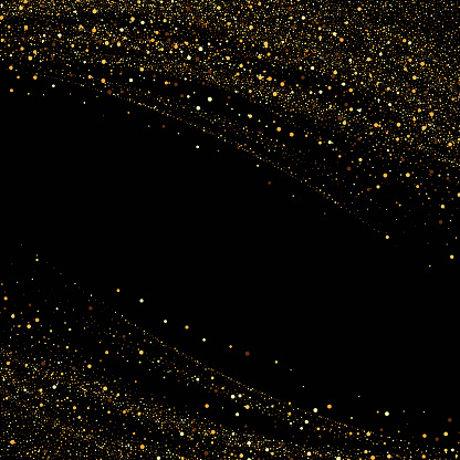 Gold glitter confetti on a black background. Shiny scattered golden particles. Luxury background