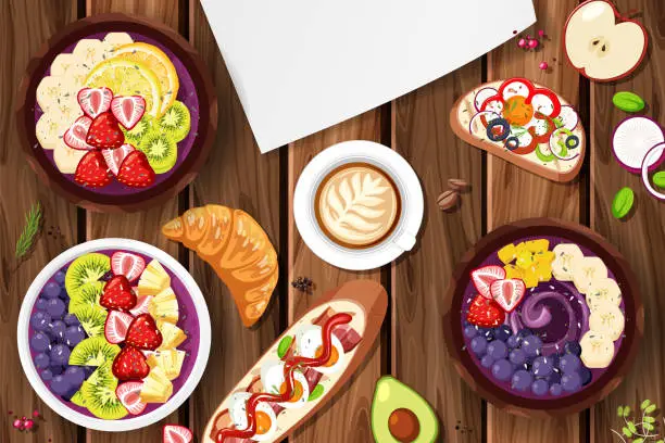 Vector illustration of Top view Acai food bowl and placemat on wood table