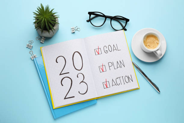 istock Flat lay composition of notebook with text 2023 Goal, Plan, Action on light blue background. New Year aims 1404640279