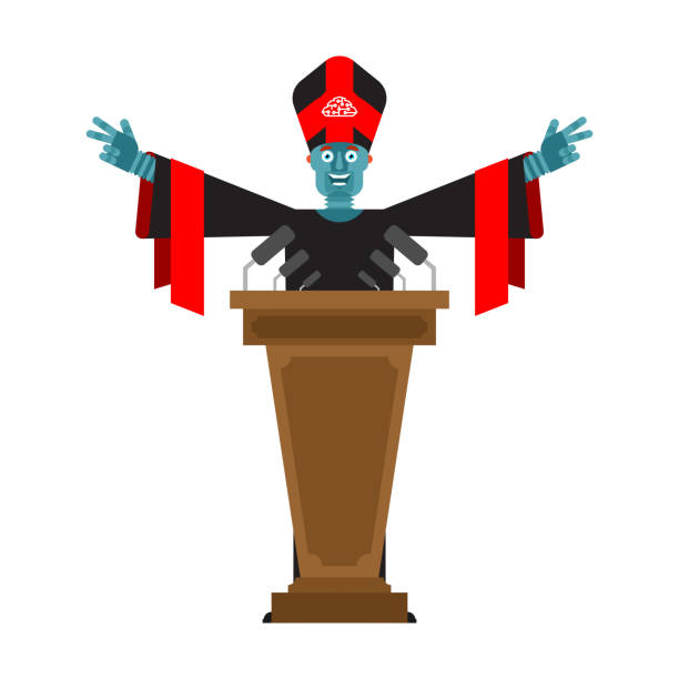 ilustrações, clipart, desenhos animados e ícones de pastor robô. pregador ciborgue. robô lê sermões para paroquianos. conceito missionário do futuro - false priest