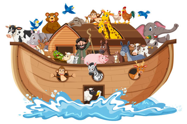 Animals on Noah's ark with sea wave isolated on white background Animals on Noah's ark with sea wave isolated on white background illustration ark stock illustrations