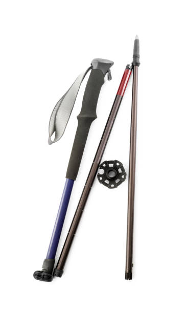 istock Trekking pole on white background, top view. Camping tourism 1404642155