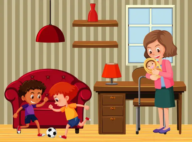 Vector illustration of Workroom scene with family members