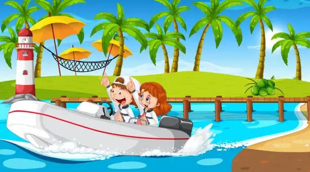 Vector illustration of Ocean scenery with children driving speedboat