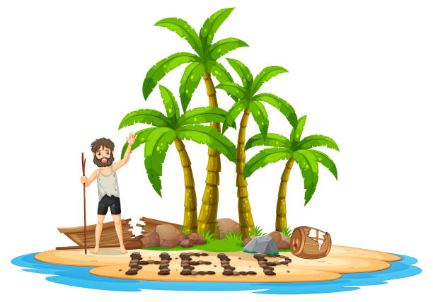 A man on deserted island isolated A man on deserted island isolated illustration castaway stock illustrations