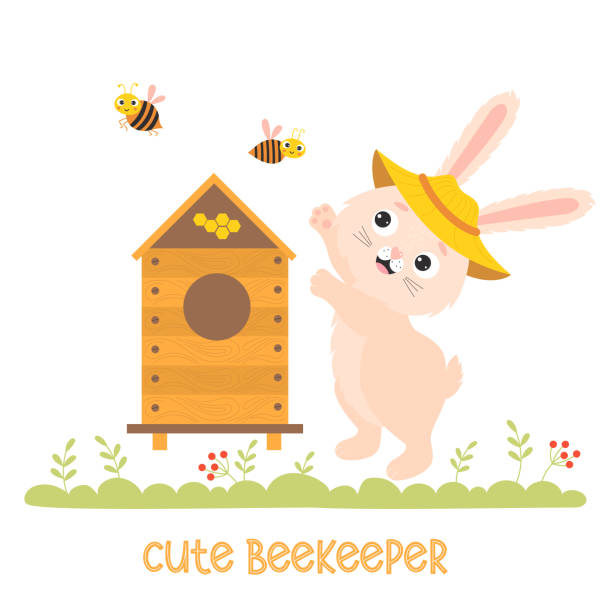 Cute bunny beekeeper. Funny rabbit apiarist in apiary with beehive and funny bees. Vector illustration. Character rabbit for kids collection, cards, design, decor, printing, flyers about beekeeping. Cute bunny beekeeper. Funny rabbit apiarist in apiary with beehive and funny bees. Vector illustration. Character rabbit for kids collection, cards, design, decor, printing, flyers about beekeeping hiver stock illustrations