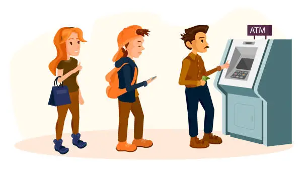 Vector illustration of Queue of people standing for using ATM. Bank customer inserting credit card to slot for transaction. Business, banking and finance concept. People stand in long queue to ATM, character waiting with patience to withdraw cash money.