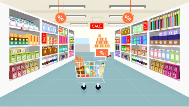 Interior design of a supermarket and grocery shopping. everyday necessities. Supermarket aisle with shelves and full shopping cart, retail and consumerism concept. Vector illustration of interior arrangement of a supermarket. In the middle of the market corridor, there is a grocery cart full of necessities such as bread, oil and soap. On the right and left parts, there are some cleaners and packaged foods. The percent signs on the circles hanging down from the ceiling represent the discount. Grocery shopping and daily necessities concepts. discount store stock illustrations