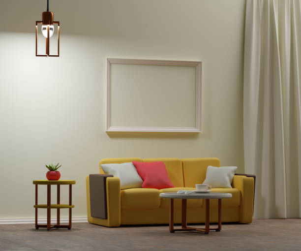 Blank  poster frame  room interior, modern living room interior background, yelow sofa  and pillows. Template for the presentation of a horizontal painting in the interior.  3d illustration. Render.