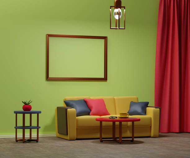 istock 3d illustration. Render. Blank  poster frame  room interior, modern living room interior background, yelow sofa  and pillows. Template for the presentation of a horizontal painting in the interior. 1404644616