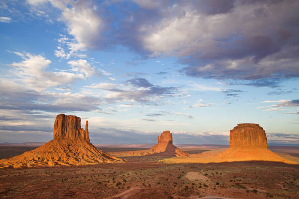 View from Lookout Point at Dusk View from Lookout Point at dusk, Monument Valley, Arizona, United States. the mittens monument valley stock pictures, royalty-free photos & images