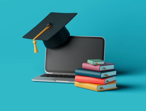 istock Simple online learning with books, graduation cup and laptop 3d render illustration. 1404645745