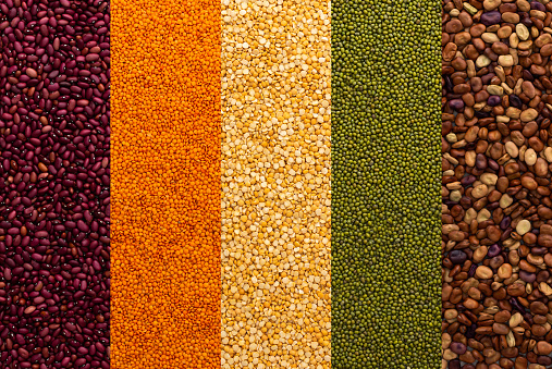 Different types of legumes, yellow peas and lentils and mung beans, red and brown beans, top view