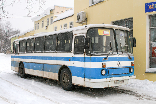 Ufa, Russia - February 17, 2008: Old Soviet coach bus LAZ-699R Turist in a city street.