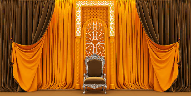 側面に黄色と金色のカーテンとアラベスク様式とキングアームチェア、イスラムvipコンセプト、ラマダン、イードムバラク、黄色と金のカーテンを備えたモロッコのアークドア、 - vip room ストックフォトと画像