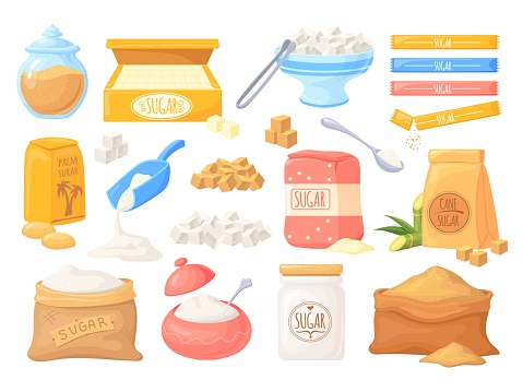Cartoon sucrose. Sugar spoon and colors packages pouring sugars, box organic sweets block pour powder teaspoon sugared food sweeten flour, granulated cube, vector illustration. Sugar ingredient sweet