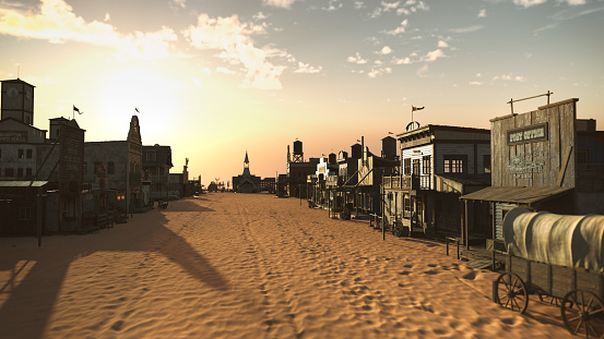 wild west village at sunrise - 3D