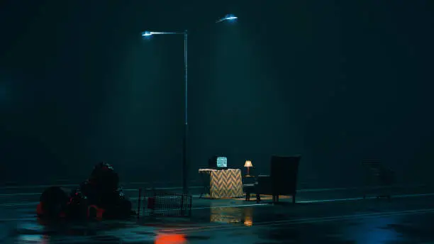 Concept image with an empty parking lot at night full of garbage. A television set is turned on, but no one is there. Social issues, homlesness, failure for consumerism or a lockdown could be the cause.