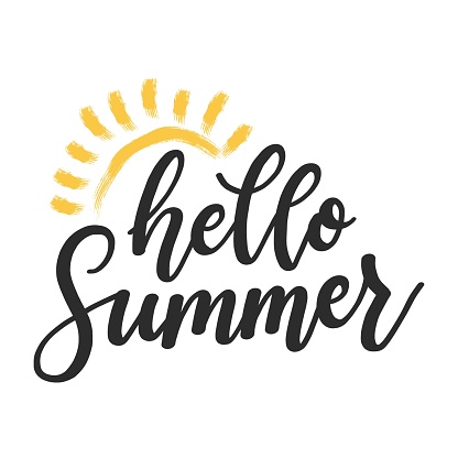 Hello Summer hand drawn brush lettering. logo Templates. Isolated Typographic Design Label with black text and yellow doodle sun icon