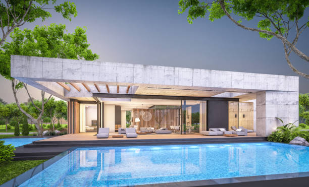 istock 3d rendering of new concrete house in modern style in evening 1404658627
