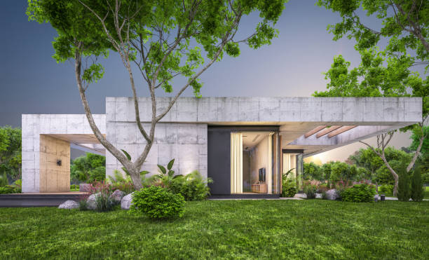 istock 3d rendering of new concrete house in modern style in evening 1404658664