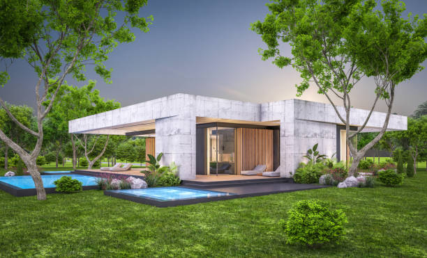 istock 3d rendering of new concrete house in modern style in evening 1404658712