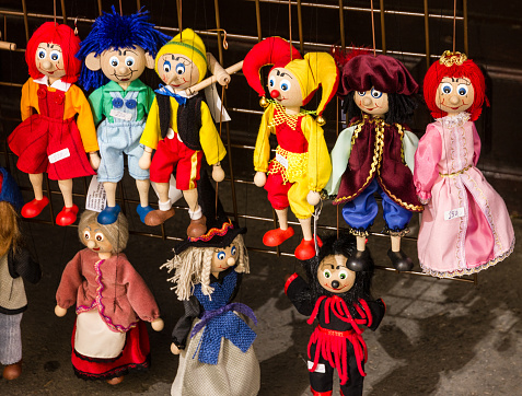 Prague, Czech Republic -- June 23, 2022: Marionette dolls shop in Prague.