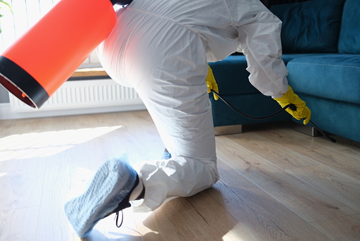 Person in hazmat suit disinfects living room with spray gun. Prevention of spread of diseases. Sanitary processing of premises