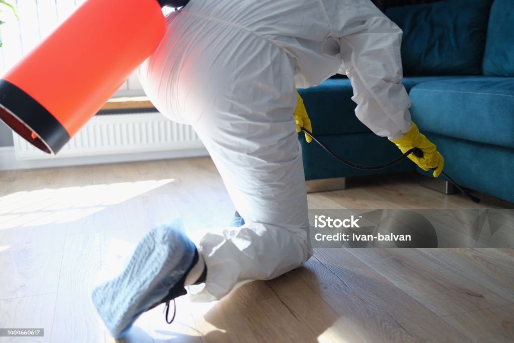 Person in hazmat suit disinfects living room with spray gun Person in hazmat suit disinfects living room with spray gun. Prevention of spread of diseases. Sanitary processing of premises Fumigation Stock Photo