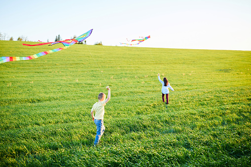 Curious toddler boy spending day in nature with his caring father, while playing with rainbow kite on a summer day
