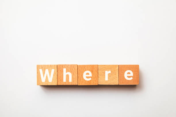 istock Where character. Where. Interrogative pronoun. Written on five wooden blocks. White letters. 1404664954