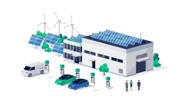 ilustrações, clipart, desenhos animados e ícones de frota de carros elétricos da empresa carregando em estações de carregador no centro logístico. - central de energia solar