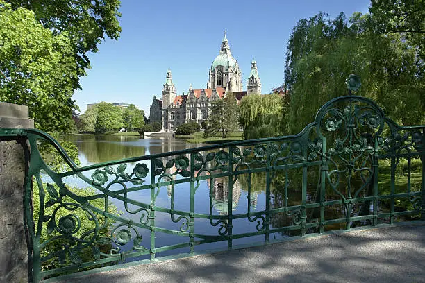 Southern facade of the town hall with Masch Pond (Maschteich) and Maschpark. Building dates from 1913, outside neo-renaissance, inside art nouveau.                               