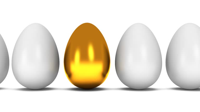 Golden egg in row of white eggs. Easter, out of crowd, business concept.