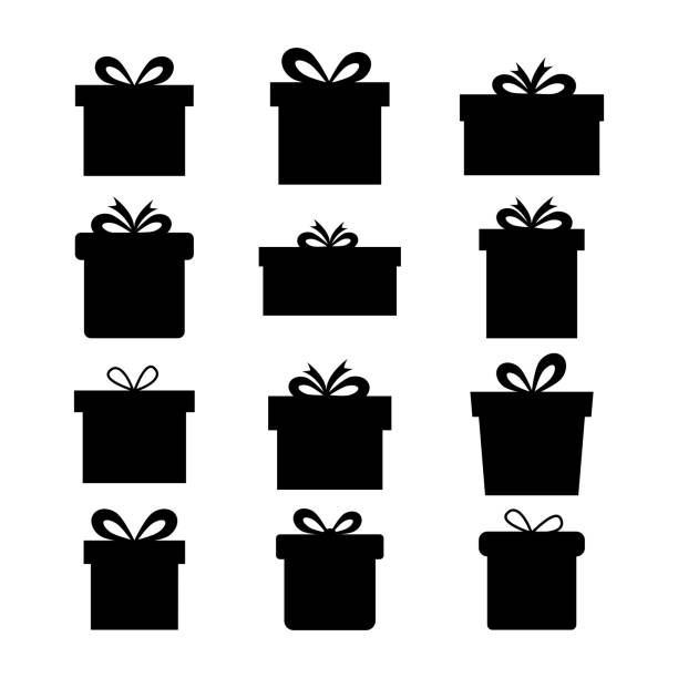 Gift box silhouette set. Gift box silhouette set. Presents shape collection. Vector isolated on white. bowing cartoon stock illustrations