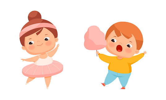 Happy overweight kids doing different activities set. Cute boy and girl dancing and eating sweets cartoon vector illustration