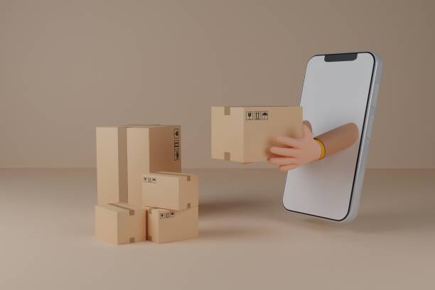 istock Deliveryman hands the parcel box on Smartphone with blank display.Concept for fast delivery service.delivery and shopping online concept.3D rendering illustration 1404668525