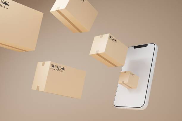 istock Smartphone blank display with Parcel Box flying delivery. Concept for fast delivery service.delivery and shopping online concept.3D rendering illustration 1404668528