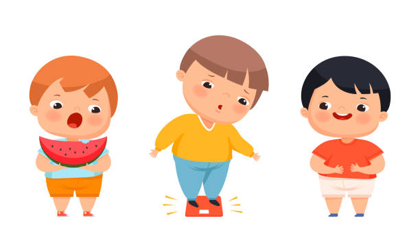 glückliche übergewichtige kinder, die verschiedene aktivitäten machen set cartoon vektor illustration - child obesity stock-grafiken, -clipart, -cartoons und -symbole