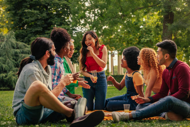 istock Diverse group of people having reunion at park 1404670485