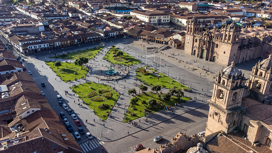 Cusco, Peru - 17th May 2022: Aerial view of the Plaza de Armas in Cusco. Peru
