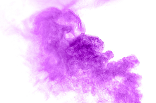 purple dust powder explosion. The texture is abstract and splashes float. on a white background