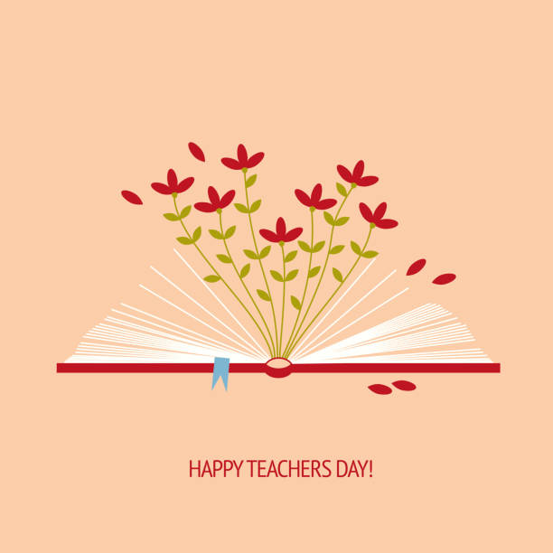 szczęśliwego dnia nauczyciela. lakoniczna pocztówka. otwórz książkę z kwiatami. płaska ilustracja wektorowa. - dzień nauczyciela stock illustrations