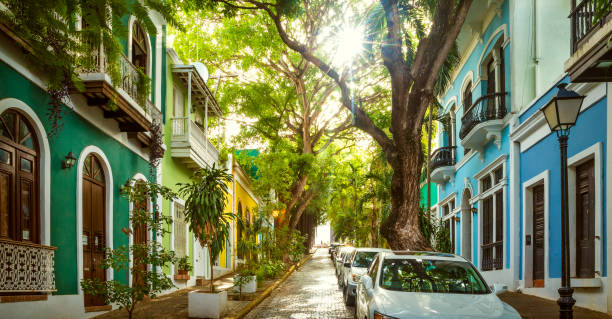 panoramic photo of old san juan street in puerto rico - old san juan imagens e fotografias de stock