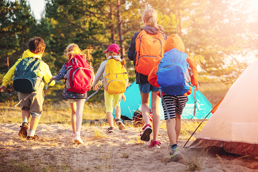 Group of the children with backpacks on the nature near the sea. Concept of the hiking and children's scout camping.