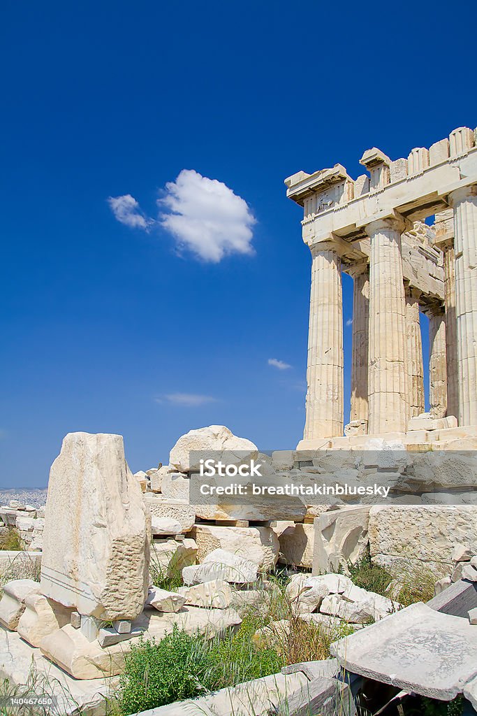 Lonely visitor to the Acropolis View of the Acropolis, perfect sightseeing weather, fluffy cloud in deep blue sky Acropolis - Athens Stock Photo