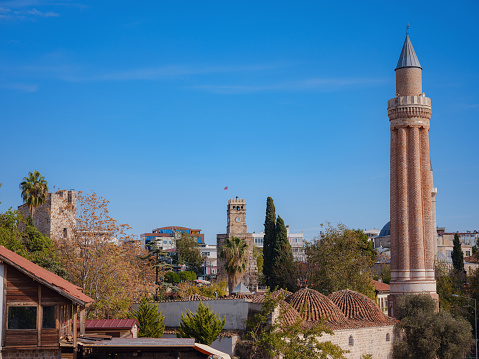 Antalya, Turkey - November 2021: Yivli minaret, travel to turkey, old town Kaleci. discover interesting places and popular attractions and walks